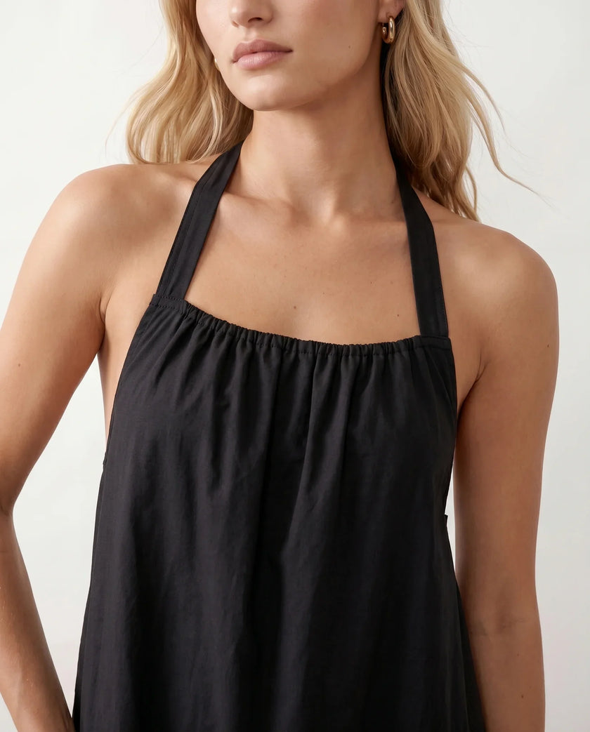 Maxi Dress Women Halter Neck Backless Draped A-Line Sleeveless Tie Back