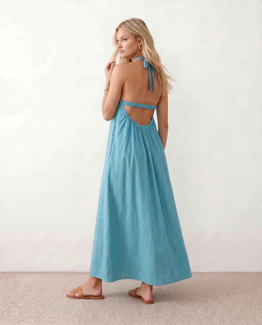 Maxi Dress Women Halter Neck Backless Draped A-Line Sleeveless Tie Back