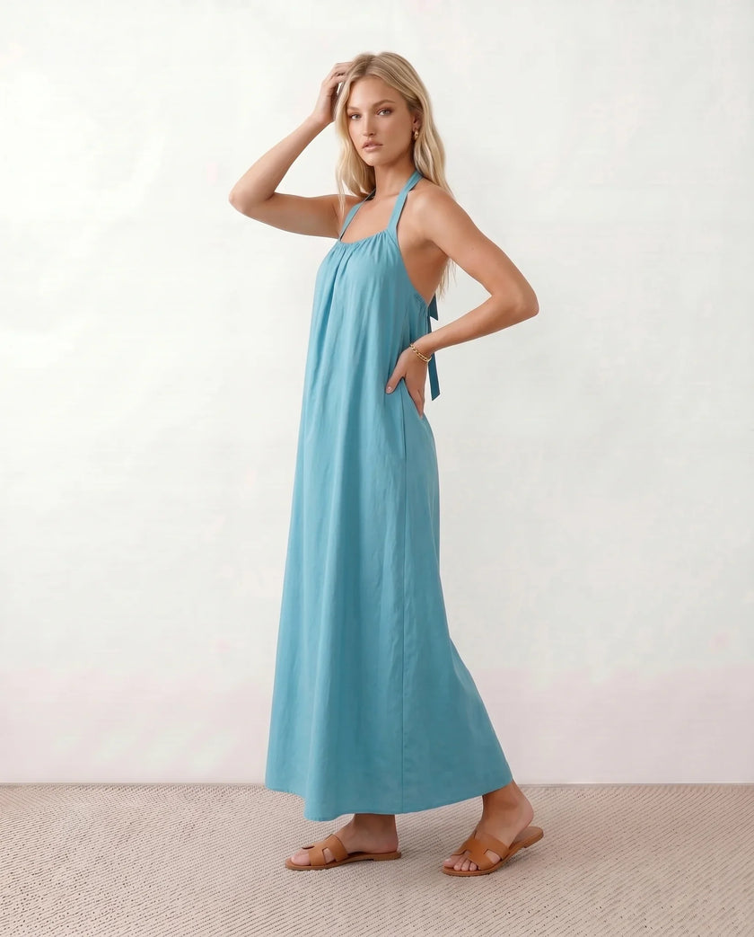 Maxi Dress Women Halter Neck Backless Draped A-Line Sleeveless Tie Back