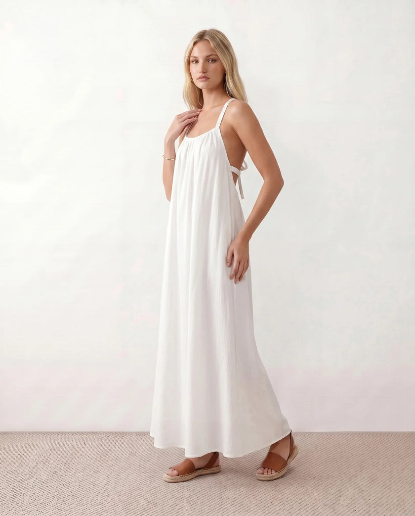 Maxi Dress Women Halter Neck Backless Draped A-Line Sleeveless Tie Back