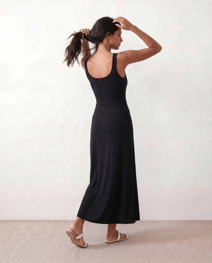 Ribbed Maxi Dress Women Button Front Sleeveless Black A-Line