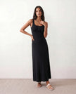 Ribbed Maxi Dress Women Button Front Sleeveless Black A-Line