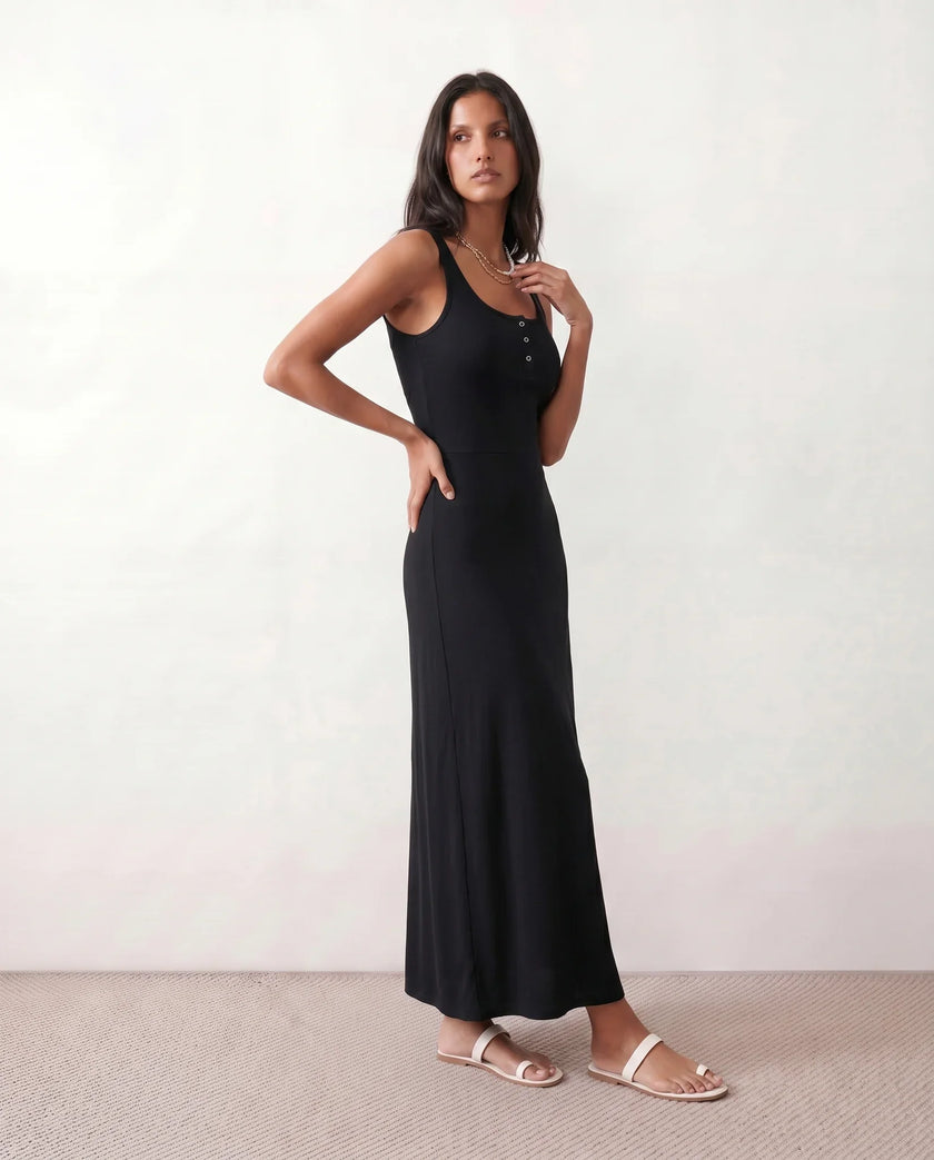 Ribbed Maxi Dress Women Button Front Sleeveless Black A-Line