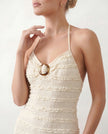 Maxi Dress Women Halter V-Neck Backless Textured Wave O-Ring Wedding Guest