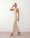 Maxi Dress Women Halter V-Neck Backless Textured Wave O-Ring Wedding Guest