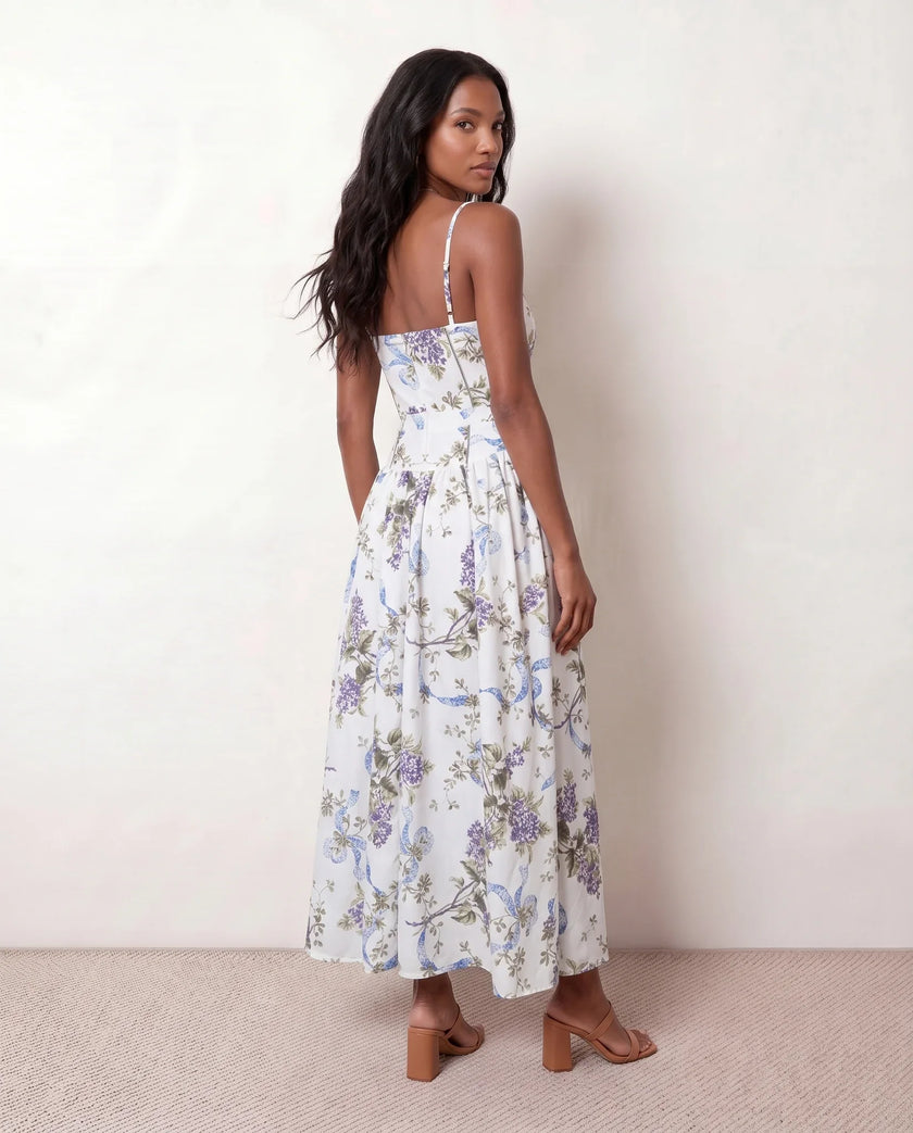 Floral Maxi Dress Women Wedding Guest Pleated Corset Square Neck