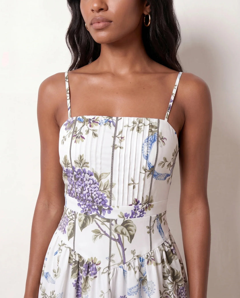 Floral Maxi Dress Women Wedding Guest Pleated Corset Square Neck
