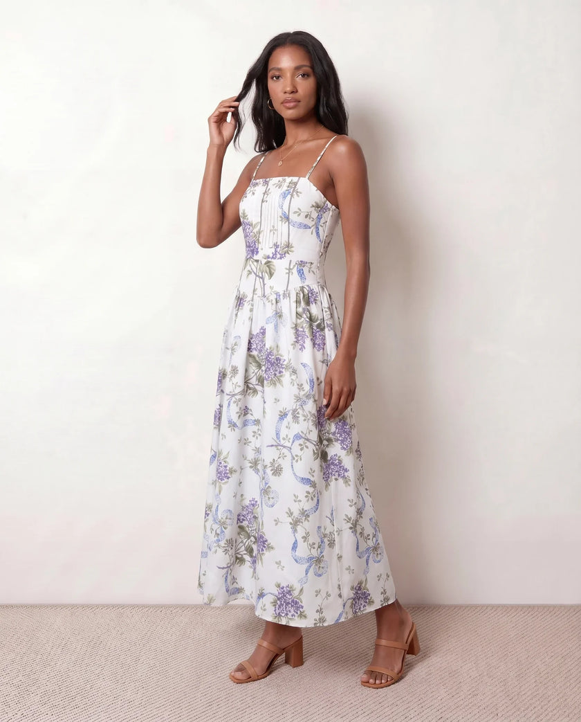 Floral Maxi Dress Women Wedding Guest Pleated Corset Square Neck