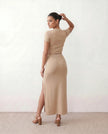 Maxi Dress Women Ribbed V-Neck Button Front Fitted Front Slit Black Beige