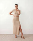 Maxi Dress Women Ribbed V-Neck Button Front Fitted Front Slit Black Beige