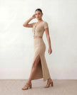 Maxi Dress Women Ribbed V-Neck Button Front Fitted Front Slit Black Beige