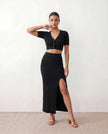 Maxi Dress Women Ribbed V-Neck Button Front Fitted Front Slit Black Beige