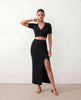 Maxi Dress Women Ribbed V-Neck Button Front Fitted Front Slit Black Beige