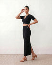 Maxi Dress Women Ribbed V-Neck Button Front Fitted Front Slit Black Beige
