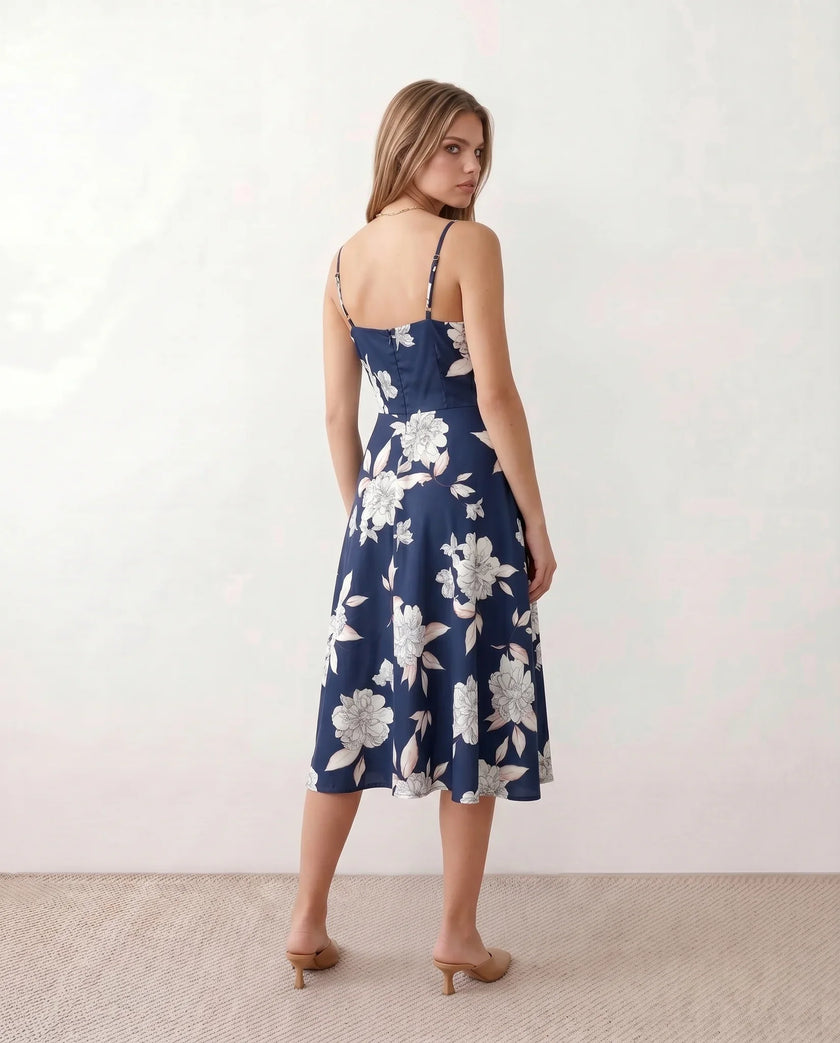 Floral Midi Dress Women Wedding Guest V-Neck Button Front
