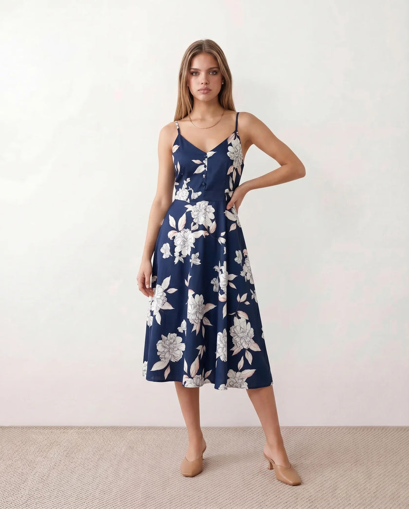 Floral Midi Dress Women Wedding Guest V-Neck Button Front