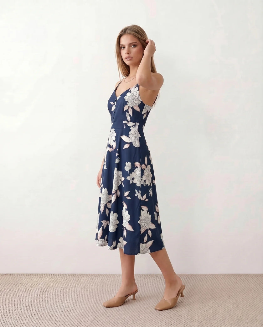 Floral Midi Dress Women Wedding Guest V-Neck Button Front