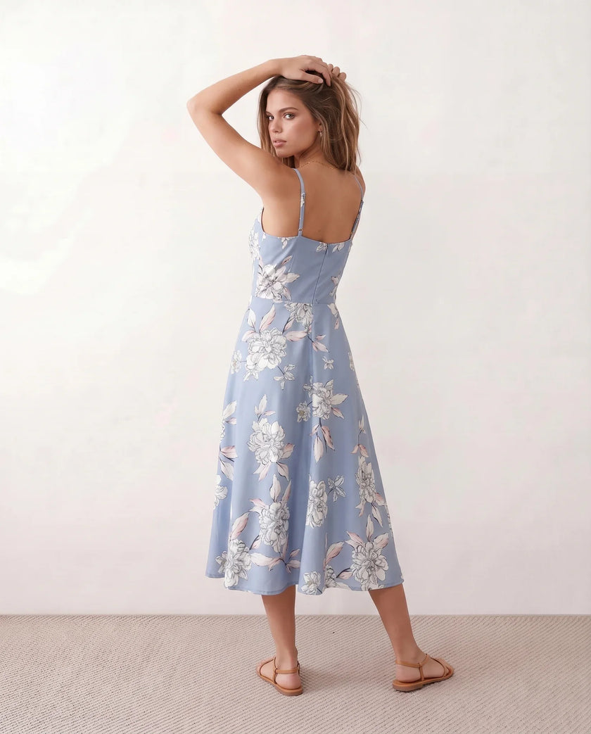 Floral Midi Dress Women Wedding Guest V-Neck Button Front