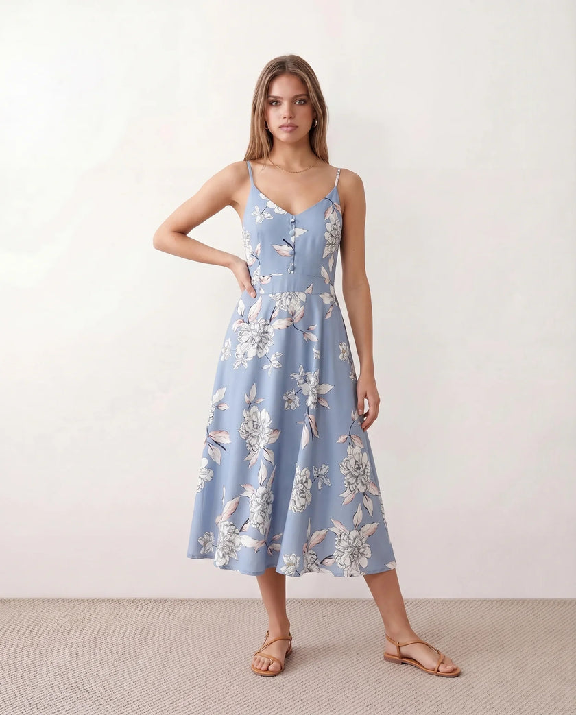 Floral Midi Dress Women Wedding Guest V-Neck Button Front