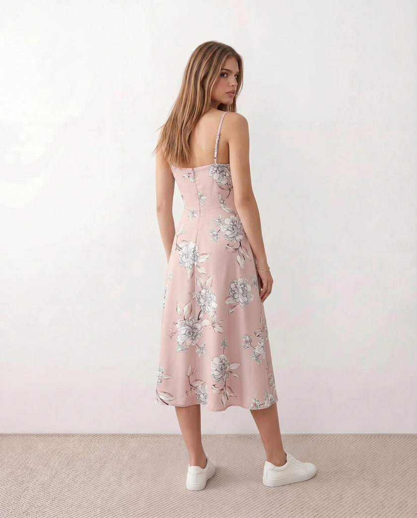 Floral Midi Dress Women Wedding Guest V-Neck Button Front