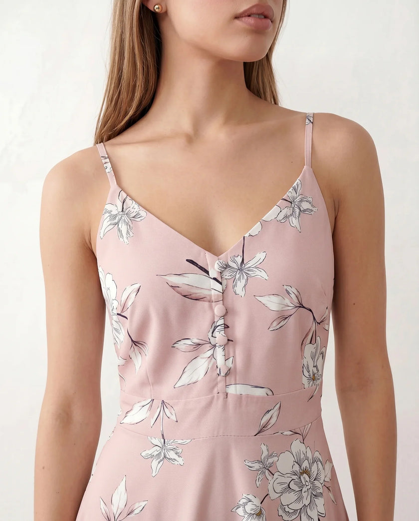 Floral Midi Dress Women Wedding Guest V-Neck Button Front