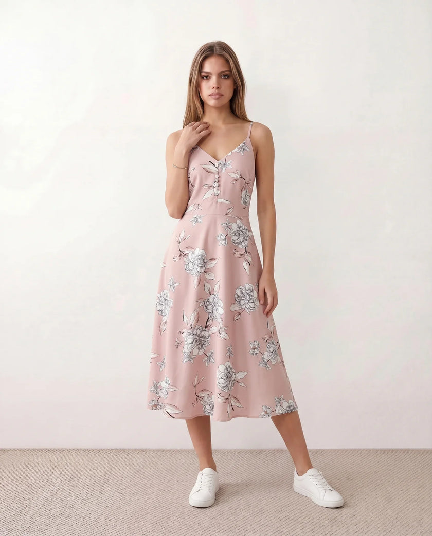 Floral Midi Dress Women Wedding Guest V-Neck Button Front