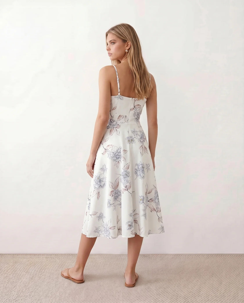 Floral Midi Dress Women Wedding Guest V-Neck Button Front