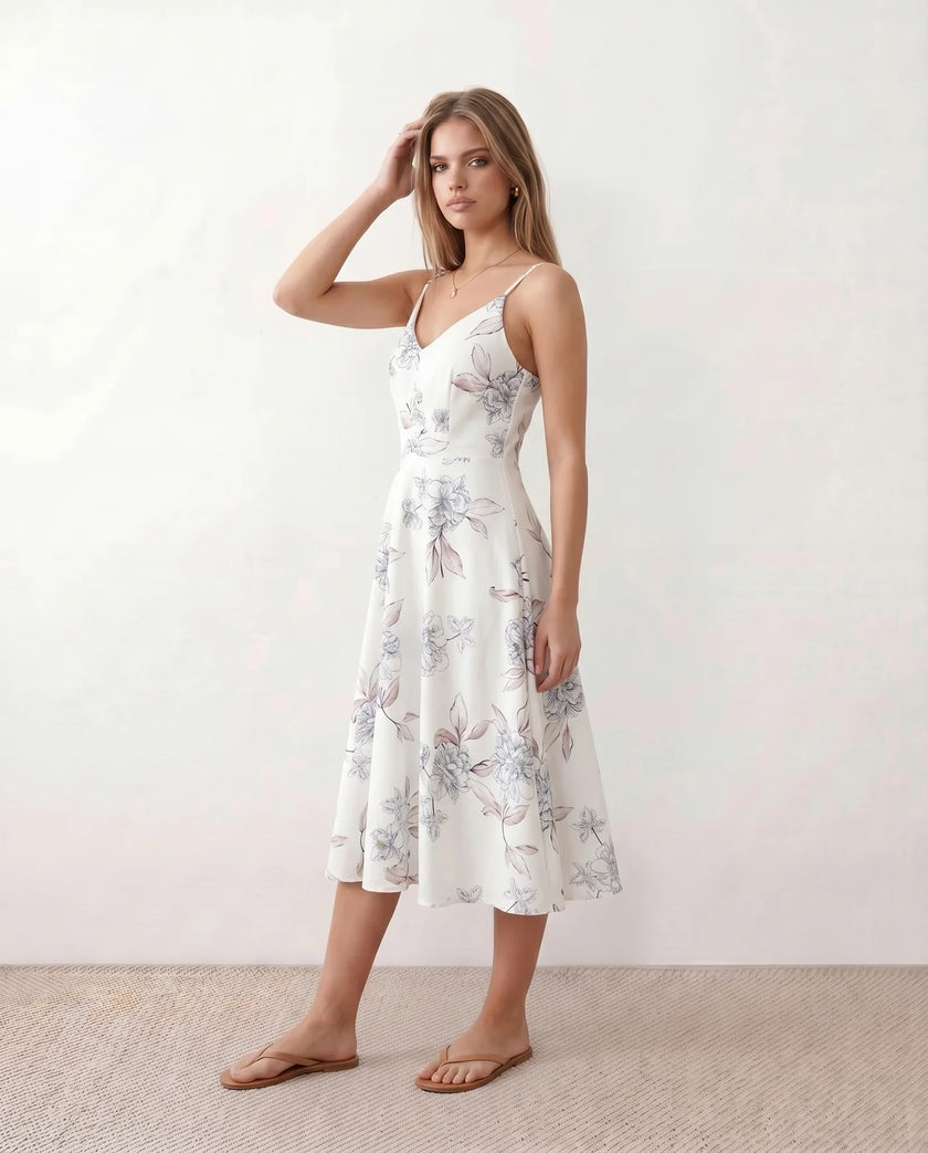 Floral Midi Dress Women Wedding Guest V-Neck Button Front