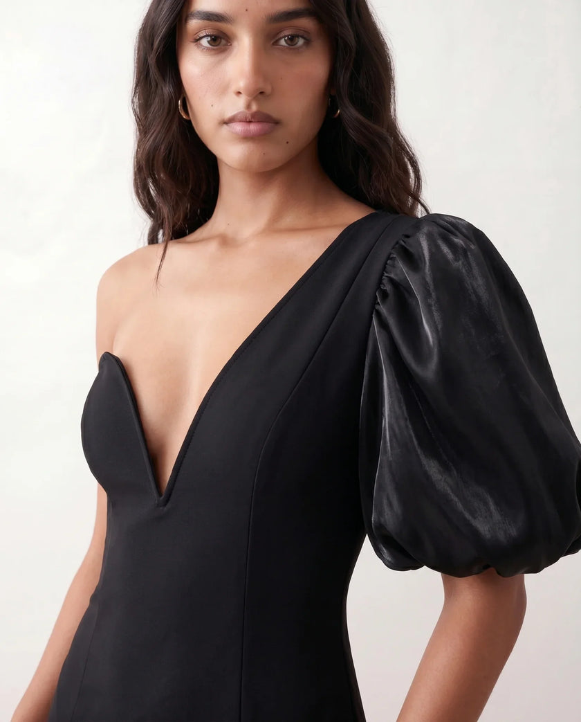 Midi Dress Women Cocktail One-Shoulder Plunge Neck Slit