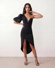 Midi Dress Women Cocktail One-Shoulder Plunge Neck Slit