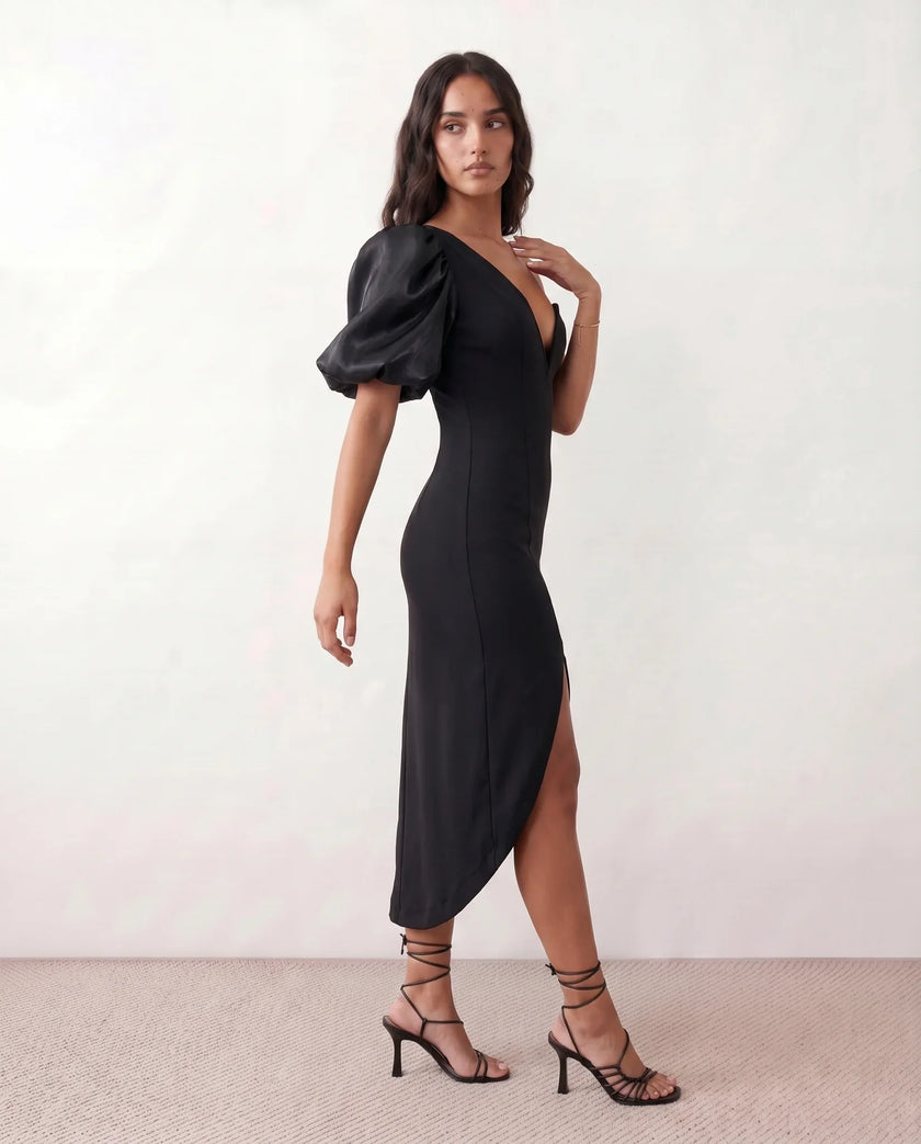 Midi Dress Women Cocktail One-Shoulder Plunge Neck Slit