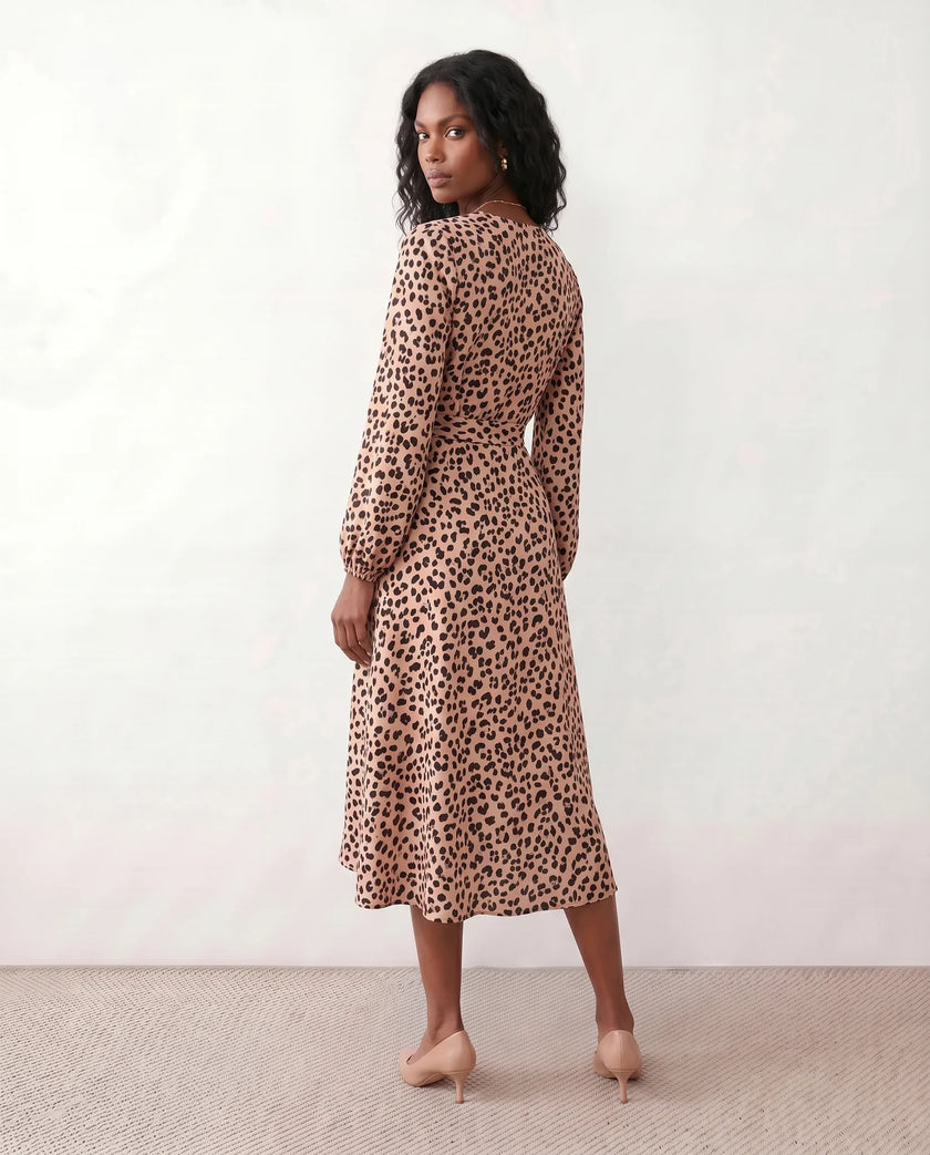 Leopard Print Midi Dress Women Wrap V-Neck Long Sleeve Cocktail