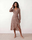 Leopard Print Midi Dress Women Wrap V-Neck Long Sleeve Cocktail