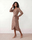 Leopard Print Midi Dress Women Wrap V-Neck Long Sleeve Cocktail