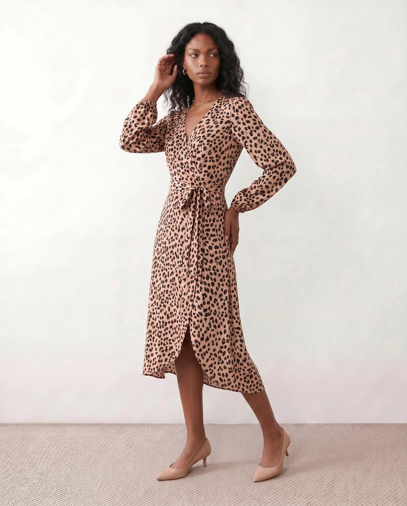 Leopard Print Midi Dress Women Wrap V-Neck Long Sleeve Cocktail