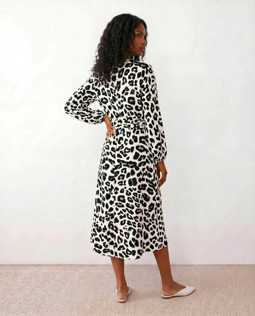 Leopard Print Midi Dress Women Wrap V-Neck Long Sleeve Cocktail