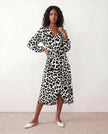 Leopard Print Midi Dress Women Wrap V-Neck Long Sleeve Cocktail