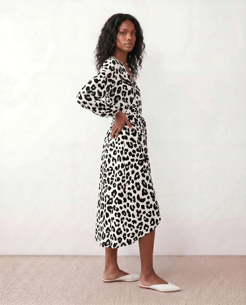 Leopard Print Midi Dress Women Wrap V-Neck Long Sleeve Cocktail