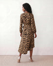 Leopard Print Midi Dress Women Wrap V-Neck Long Sleeve Cocktail