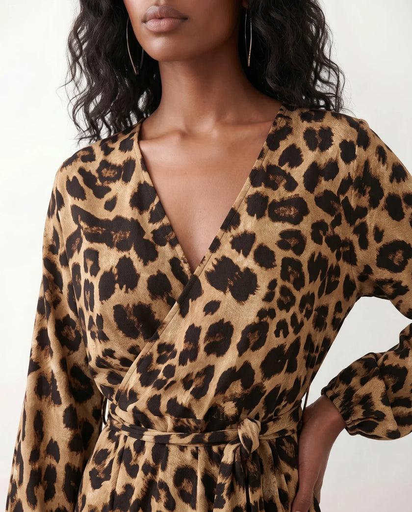 Leopard Print Midi Dress Women Wrap V-Neck Long Sleeve Cocktail