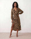 Leopard Print Midi Dress Women Wrap V-Neck Long Sleeve Cocktail