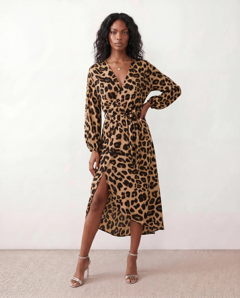 Leopard Print Midi Dress Women Wrap V-Neck Long Sleeve Cocktail