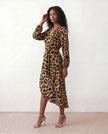 Leopard Print Midi Dress Women Wrap V-Neck Long Sleeve Cocktail