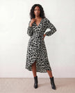 Leopard Print Midi Dress Women Wrap V-Neck Long Sleeve Cocktail
