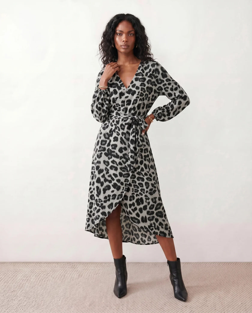 Leopard Print Midi Dress Women Wrap V-Neck Long Sleeve Cocktail