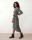 Leopard Print Midi Dress Women Wrap V-Neck Long Sleeve Cocktail