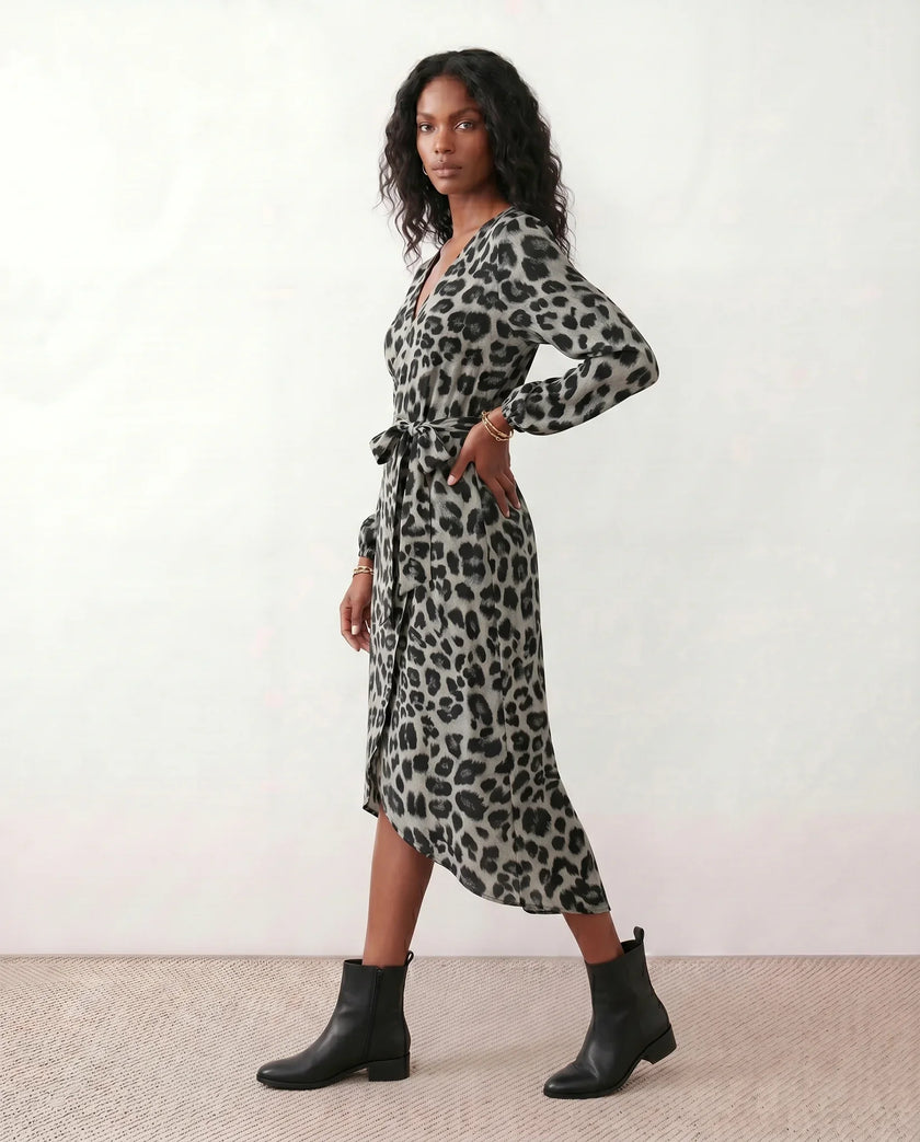 Leopard Print Midi Dress Women Wrap V-Neck Long Sleeve Cocktail