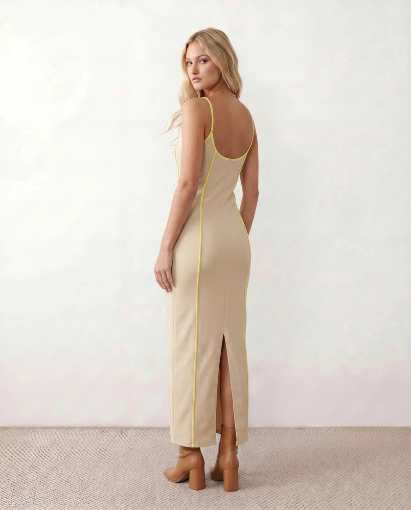 Maxi Dress Women Spaghetti Strap Split Neck Low Back Contrast Piping Party