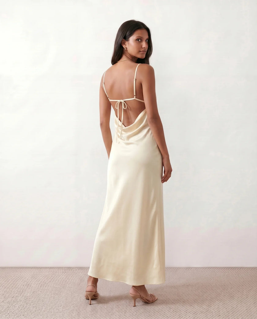 Glossy Slip Maxi Dress Women Wedding Guest Plunge V-Neck Low Back