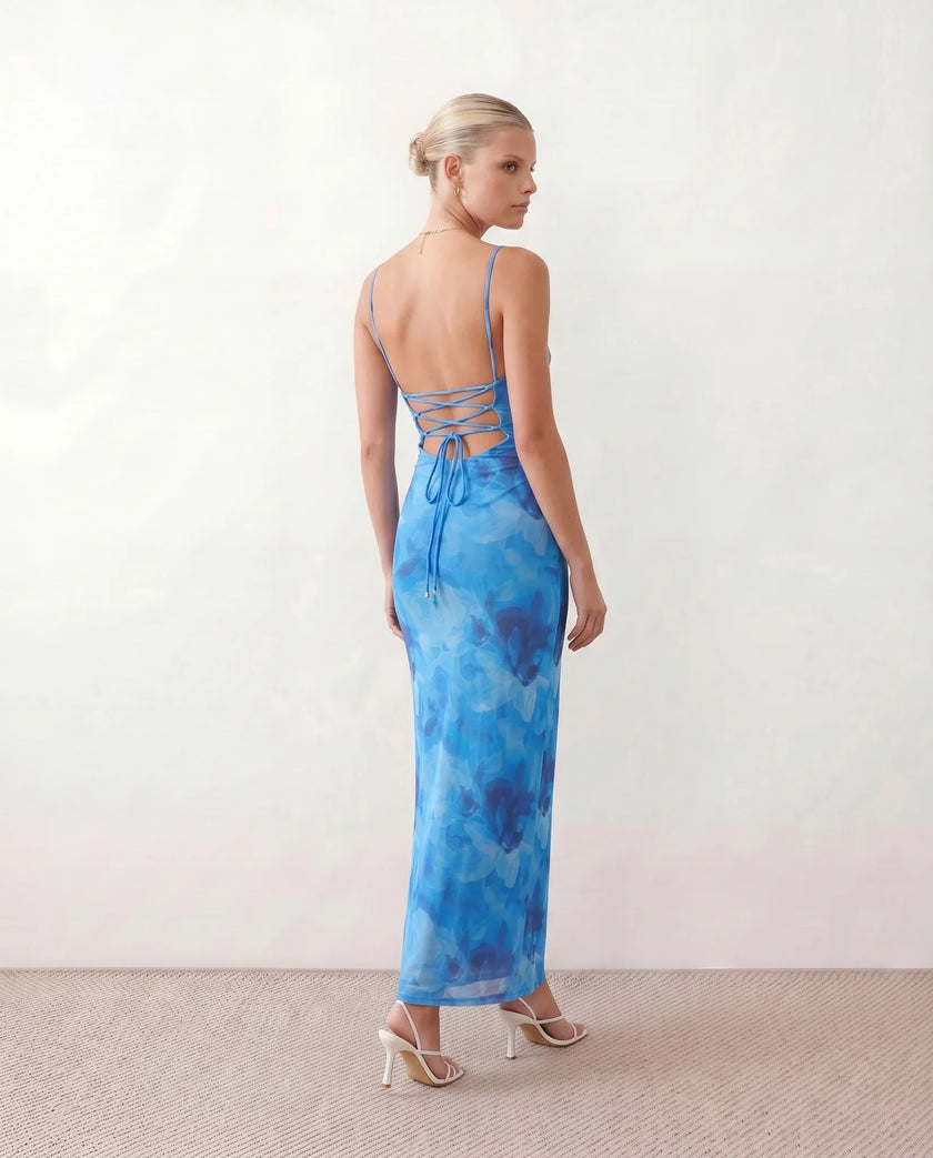 Maxi Dress Women Abstract Print Lace-Up Back Wedding Guest